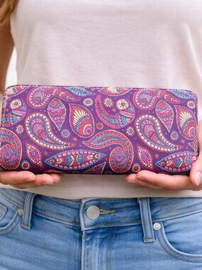 Purple Paisley Print Zip Wallet Clutch Easy to Hold and Carry 8 x4" - Hey Viv